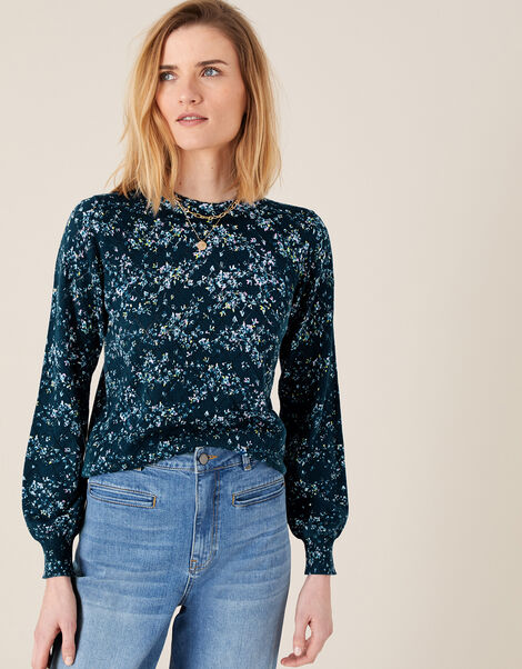 Pointelle Floral Jumper Blue, Blue (BLUE), large
