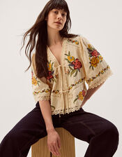 Yvette Floral Embroidered Lace Top, Cream (CREAM), large