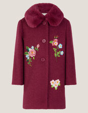 Floral Embroidered Boucle Coat, Red (BURGUNDY), large