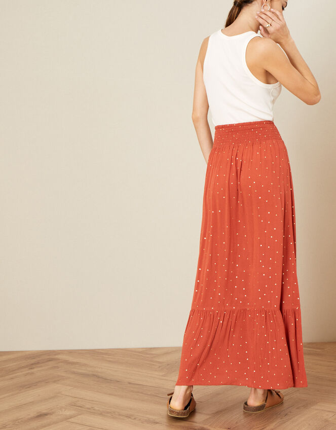 Foil Print Tiered Maxi Skirt in LENZING™ ECOVERO™ , Orange (ORANGE), large