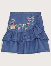Chambray Embroidered Ruffle Skirt, Blue (BLUE), large