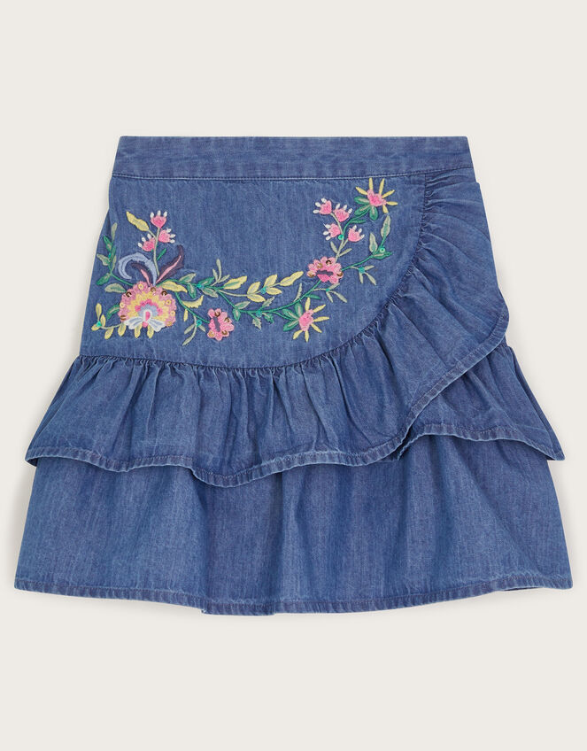 Chambray Embroidered Ruffle Skirt, Blue (BLUE), large