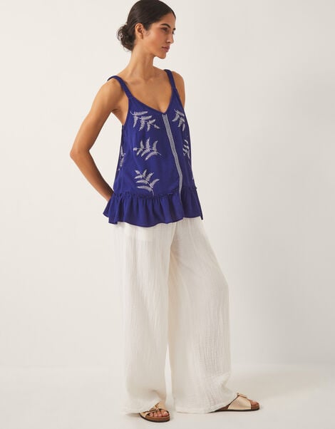 Fern Embroidered Crinkle Cami Top, Blue (BLUE), large