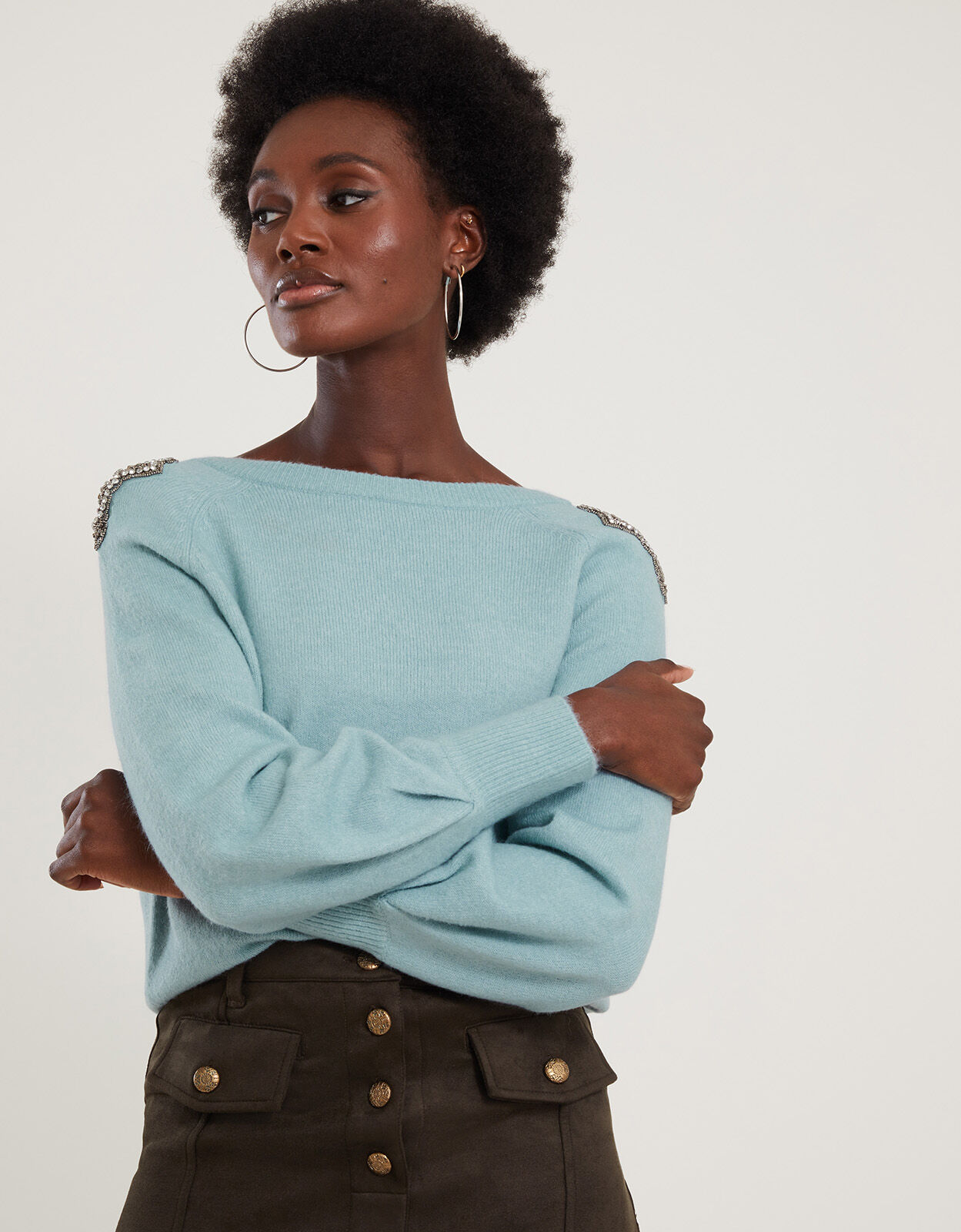 Embellished Shoulder Scoop Neck Jumper 
