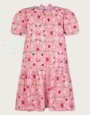 Heart Print Puff Sleeve Dress, Pink (PINK), large