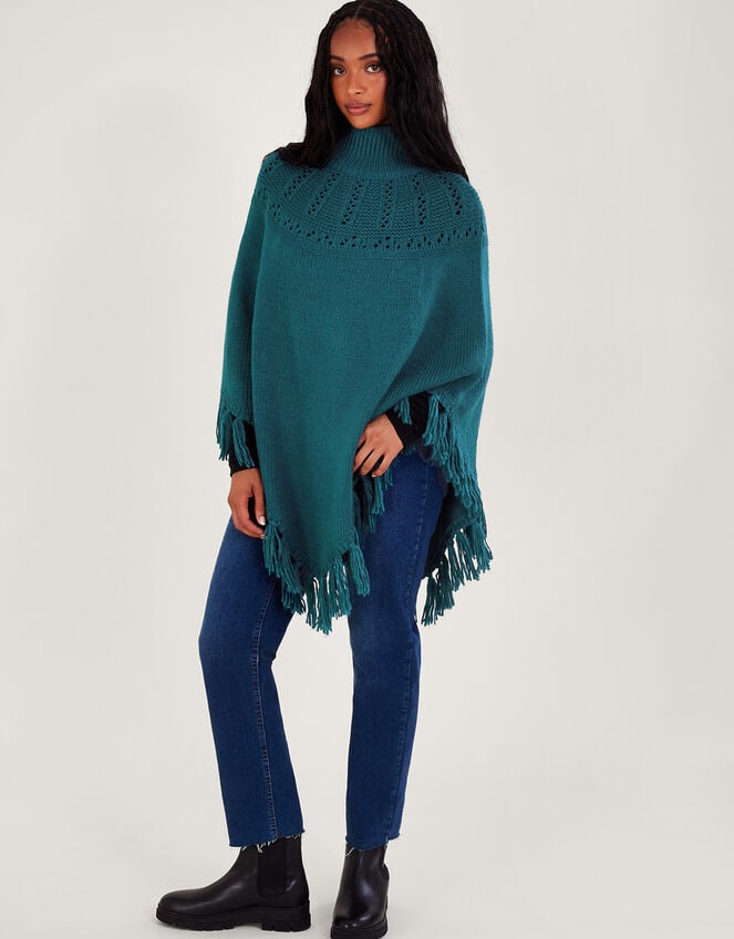 Pointelle Poncho with Fringe Trim, , large
