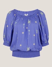 Emily Embroidered Puff-Sleeve Top, Blue (BLUE), large