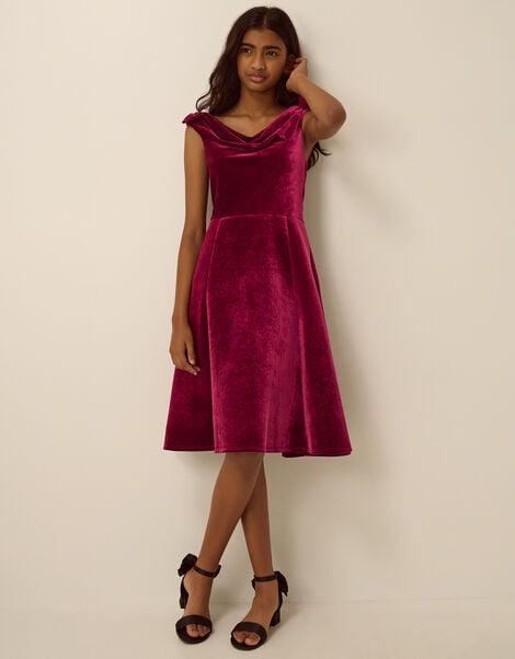 Margot Drape Velvet Party Dress, Red (BURGUNDY), large