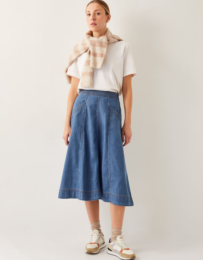 Harper Seamed Denim Midi Skirt, Blue (DENIM BLUE), large