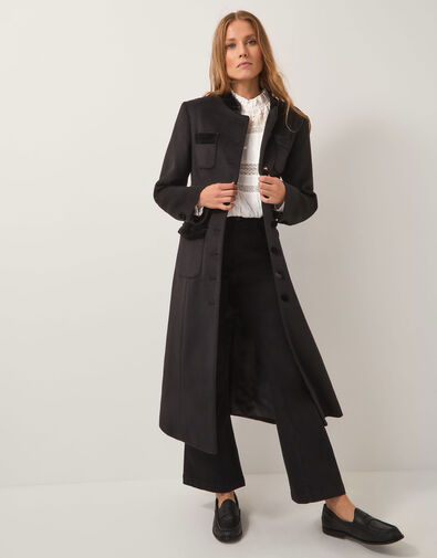 Viv Velvet Trim Military Coat, Black (BLACK), large