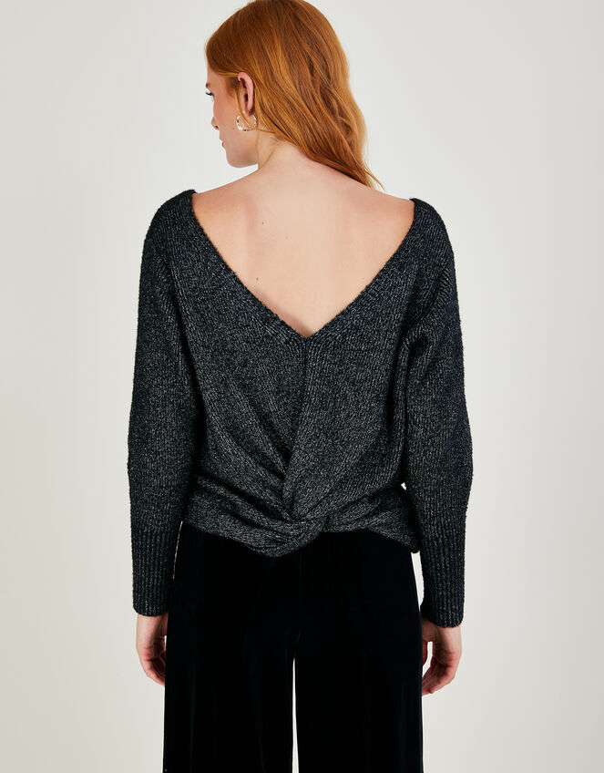 Metallic Twist V-Back Sweater, Black (BLACK), large