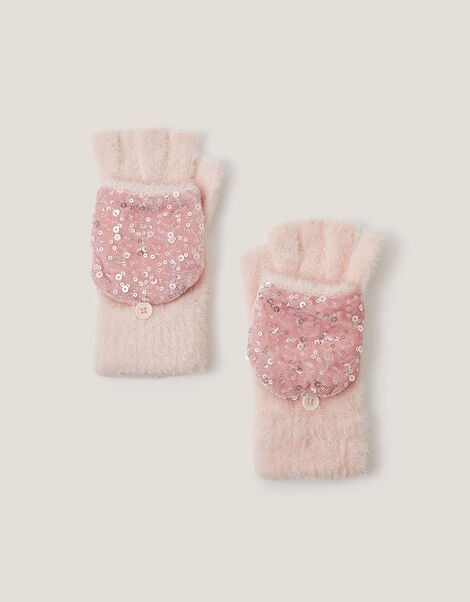Fuzzy Sequin Capped Gloves, Pink (PINK), large