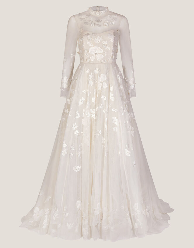 Lorelai Long Sleeve Floral Embellished Mesh Wedding Dress, Ivory (IVORY), large