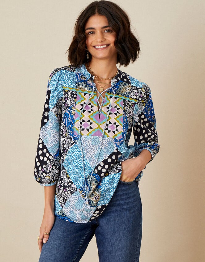 Patchwork Print Top, Blue (BLUE), large