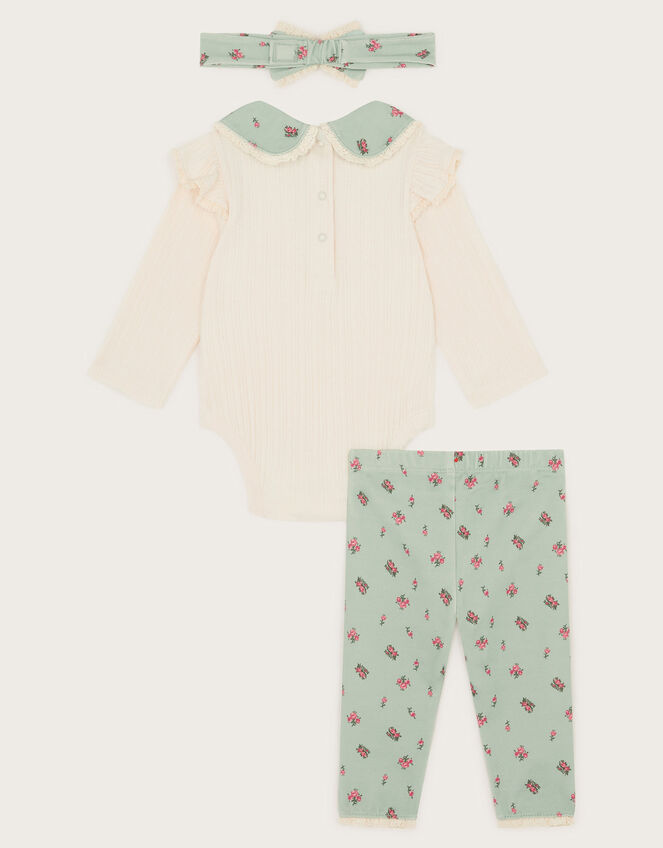 Newborn Floral Bodysuit Leggings and Headband Set, Green (GREEN), large
