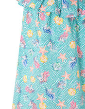Laverna Unicorn Print Dress in Organic Cotton, Blue (TURQUOISE), large