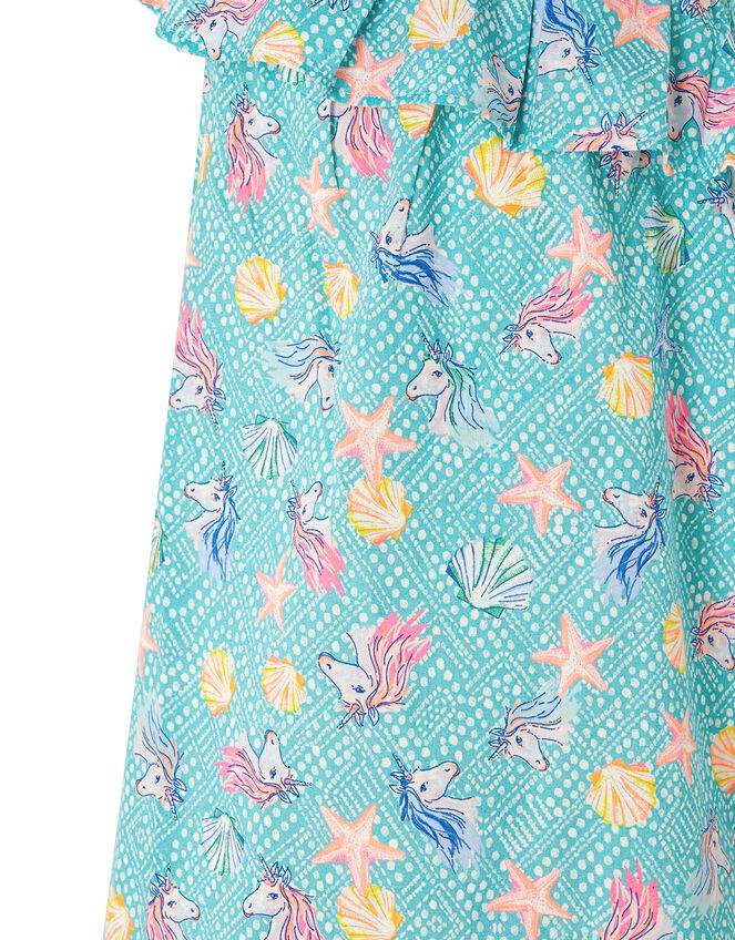 Laverna Unicorn Print Dress in Organic Cotton, Blue (TURQUOISE), large
