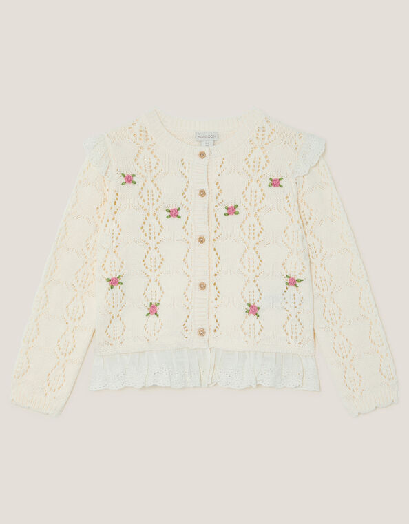 Embroidered Frill Pointelle Cardigan, Ivory (IVORY), large