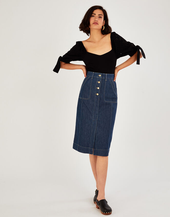 Denim Button Plain Skirt in Organic Cotton, Blue (DENIM BLUE), large
