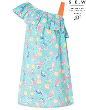 Laverna Unicorn Print Dress in Organic Cotton, Blue (TURQUOISE), large