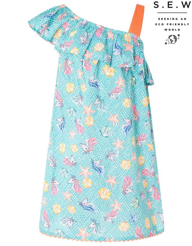 Laverna Unicorn Print Dress in Organic Cotton, Blue (TURQUOISE), large