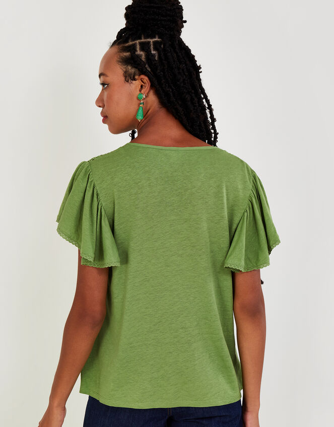 V-Neck Woven Top in Linen Blend, Green (GREEN), large