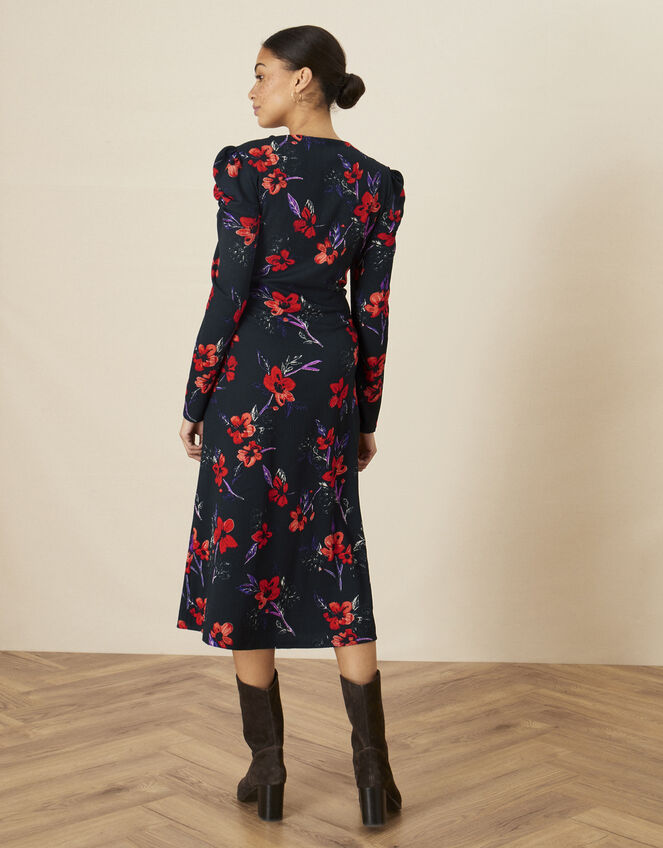 Floral Print Lace Midi Jersey Dress, Black (BLACK), large
