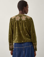 Magda Floral Embroidered Velvet Jacket, Green (KHAKI), large