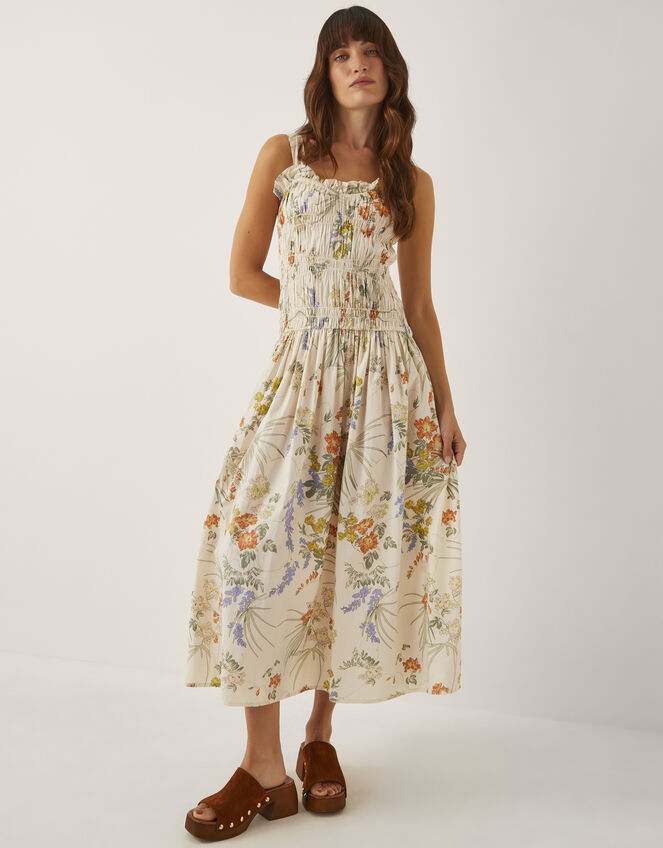 Jesse Floral Shirred Midi Dress, Ivory (IVORY), large