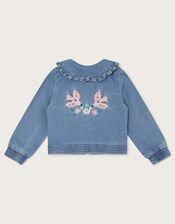 Embroidered Denim Bomber Jacket, Blue (BLUE), large