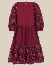 Floral Embellished Long Sleeve Mesh Dress, Red (BURGUNDY), large