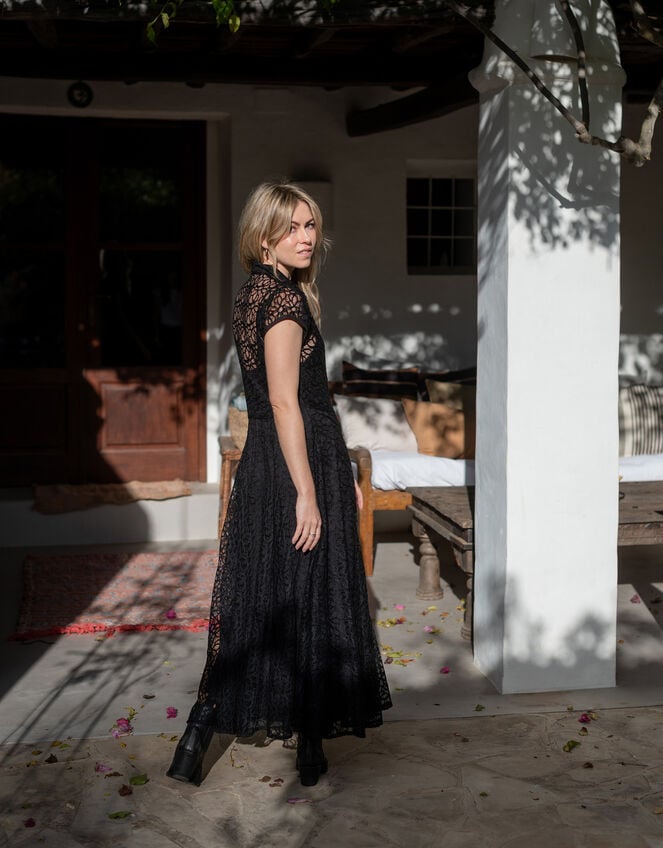 Lyrical Sisters Lace Maxi Shirt Dress, Black (BLACK), large