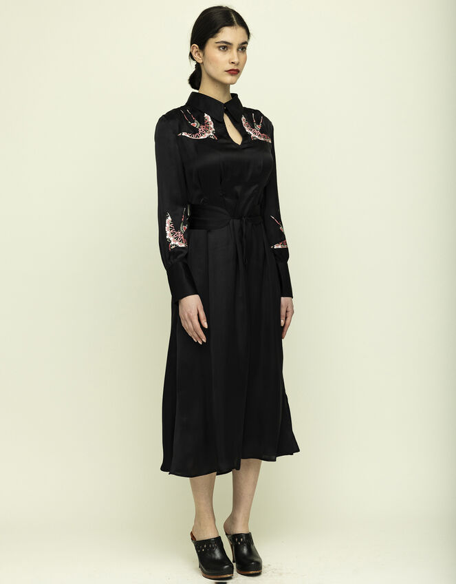 Tallulah & Hope Tamsin Bird Embroidered Midi Dress, Black (BLACK), large