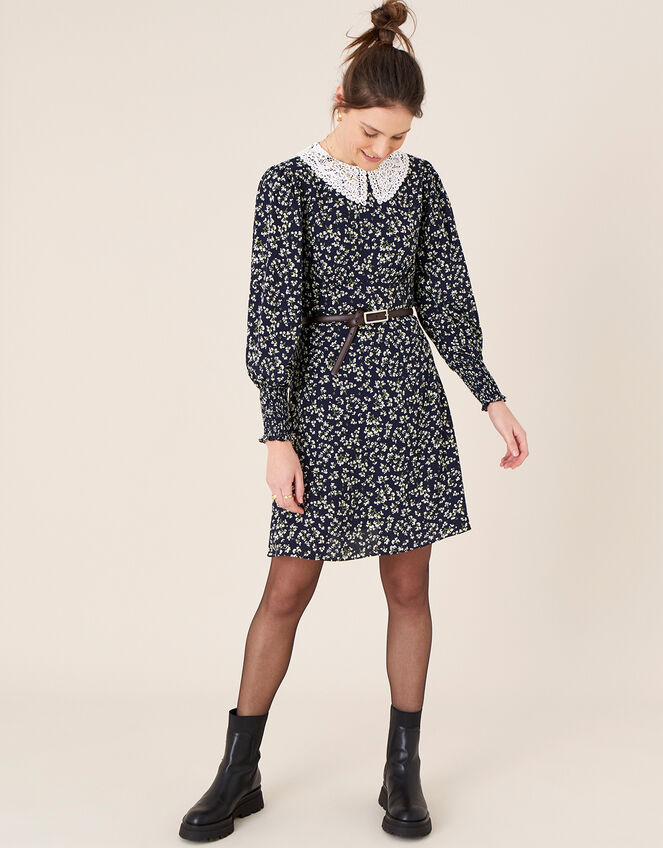 Lace Collar Floral Dress, Blue (NAVY), large
