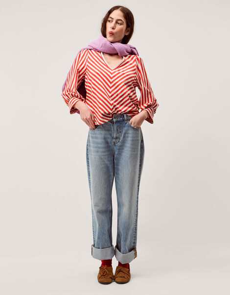 Shayla V-Neck Stripe Jersey Top, Ivory (IVORY), large