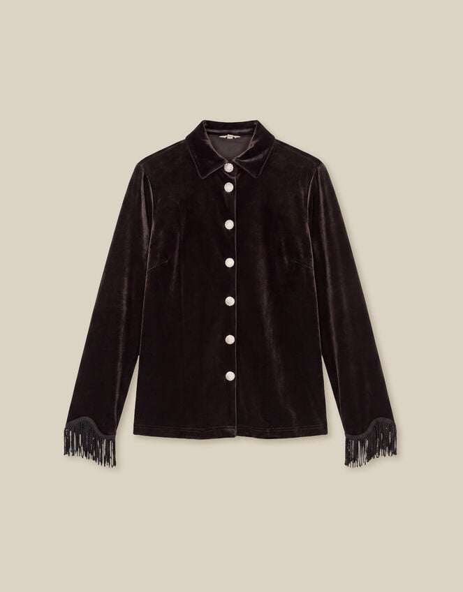 Tami Fringe Cuff Velvet Shirt, Brown (CHOCOLATE), large