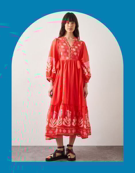 East Melba Print Long Sleeve Midi Dress, Orange (CORAL), large