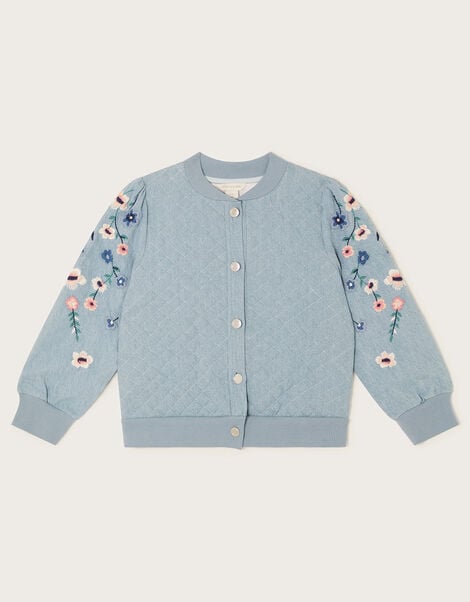 Chambray Embroidered Bomber Jacket, Blue (BLUE), large