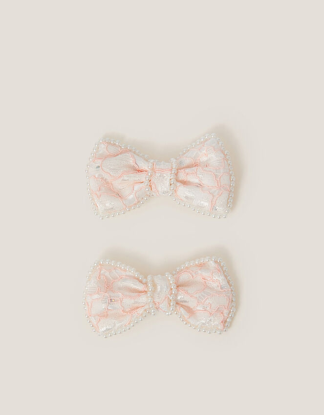 2-Pack Pearly Lace Bow Hair Clips, Pink (PINK), large