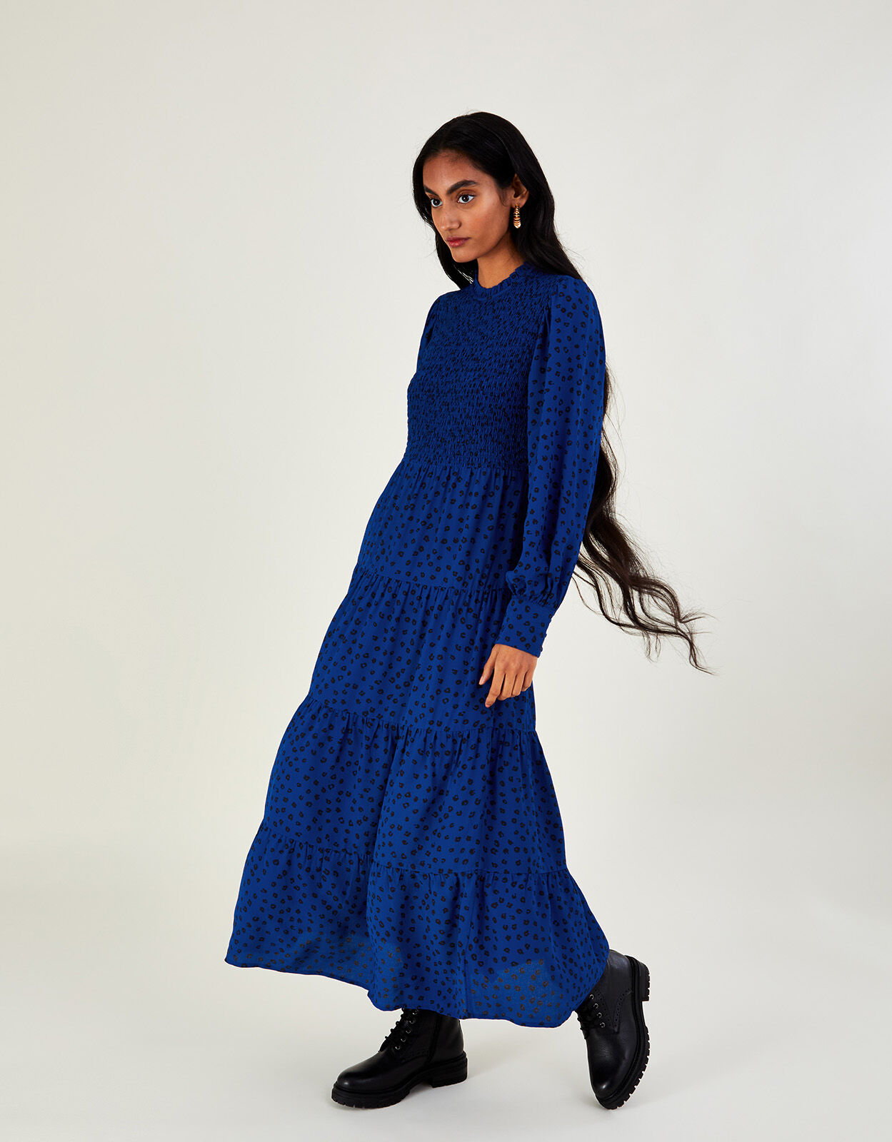 Sally Spot Shirred Midi Dress in Sustainable Viscose Blue Day Dresses Monsoon Global