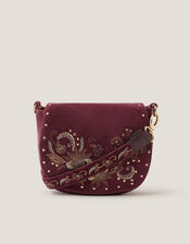 Lily Embroidered Satchel Crossbody Bag, Red (BURGUNDY), large