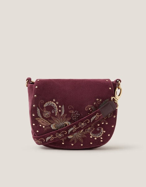 Lily Embroidered Satchel Crossbody Bag, Red (BURGUNDY), large