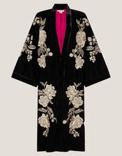 Fia Floral Embroidered Velvet Kimono, Black (BLACK), large