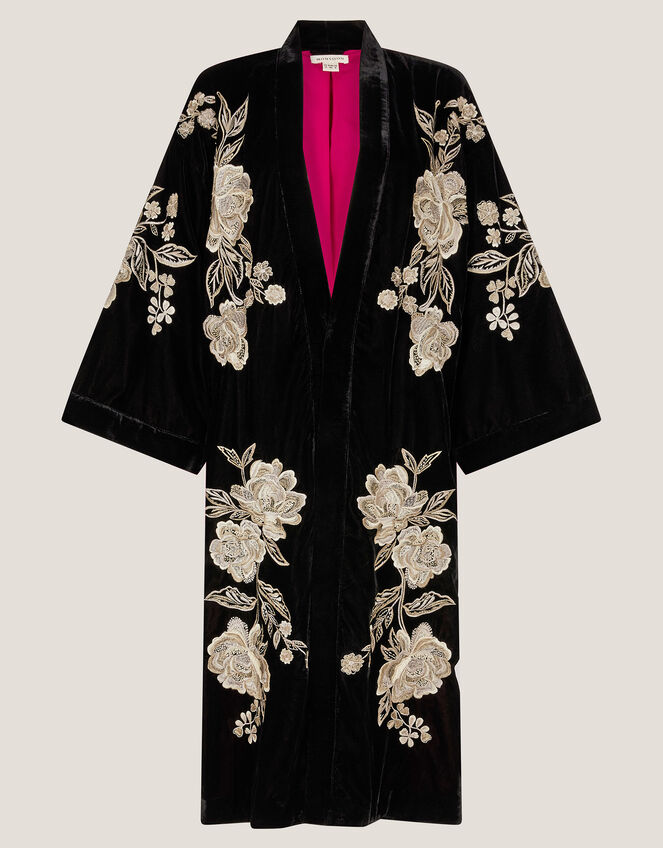 Fia Floral Embroidered Velvet Kimono, Black (BLACK), large
