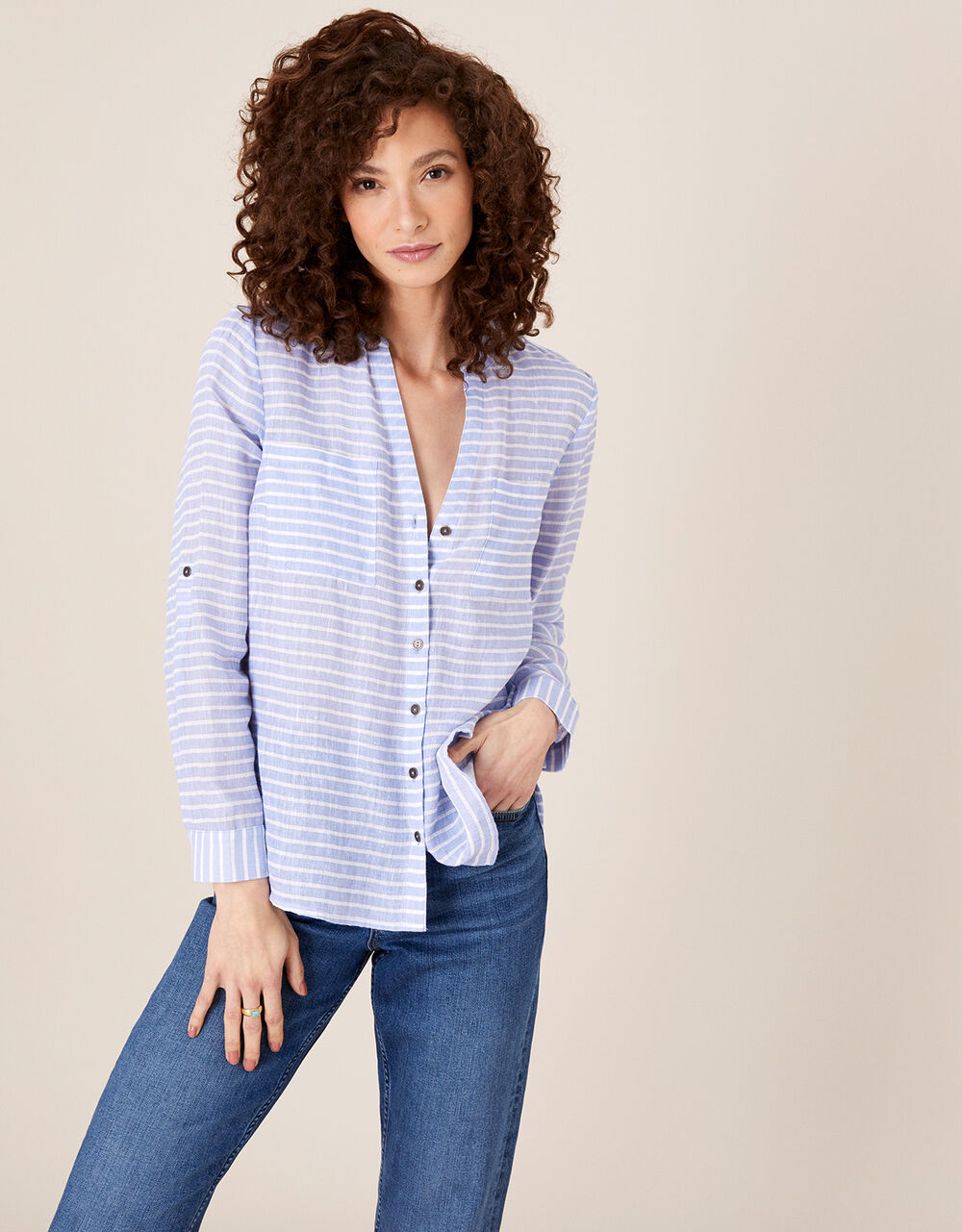 Stacy Stripe Shirt in Linen Blend Blue | Tops & T-shirts | Monsoon Global.