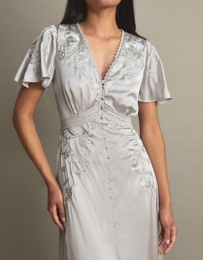 Mia Satin Embroidered Maxi Dress, Silver (SILVER), large