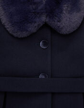 Velvet Trim Faux Fur Dress Coat, Blue (NAVY), large
