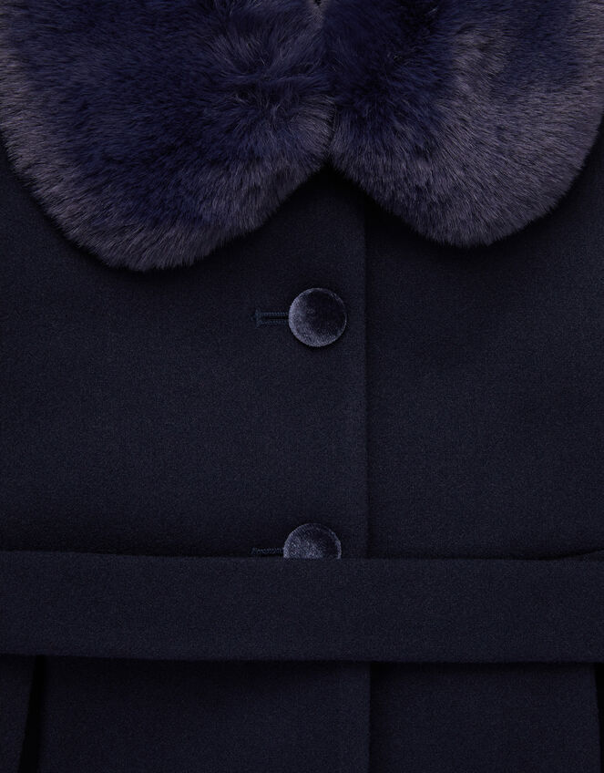 Velvet Trim Faux Fur Dress Coat, Blue (NAVY), large