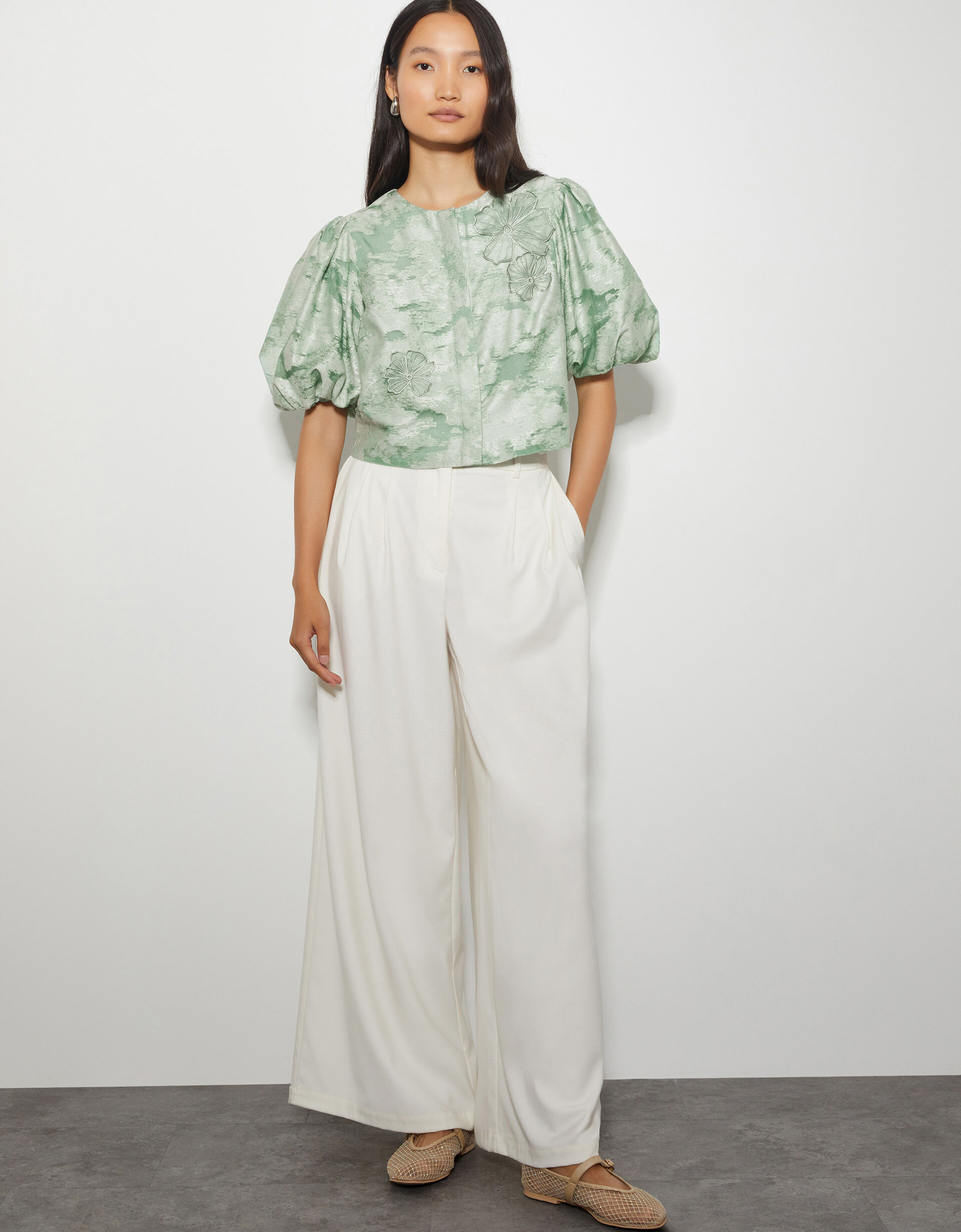 Josie Puff Sleeve Floral Jacquard Top Green
