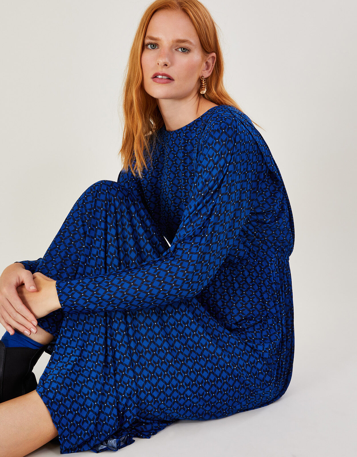 Pleated Batwing Midi Jersey Dress with Recycled Polyester Blue
